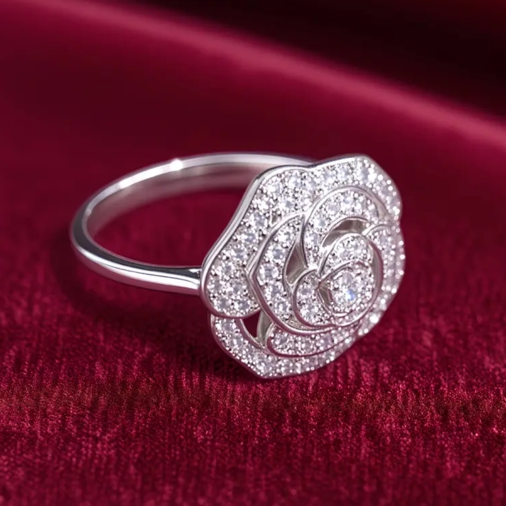 White Rhodium Camellia Flower Ring - Picture 3 of 3